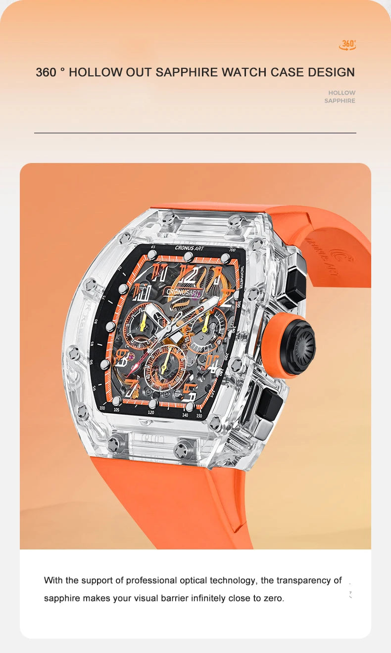 CRONUSART Men Chronograph Watch Tonneau Mechanical Wristwatch Sapphire Case & Mirror Luminous FKM Strap Skeleton Dial