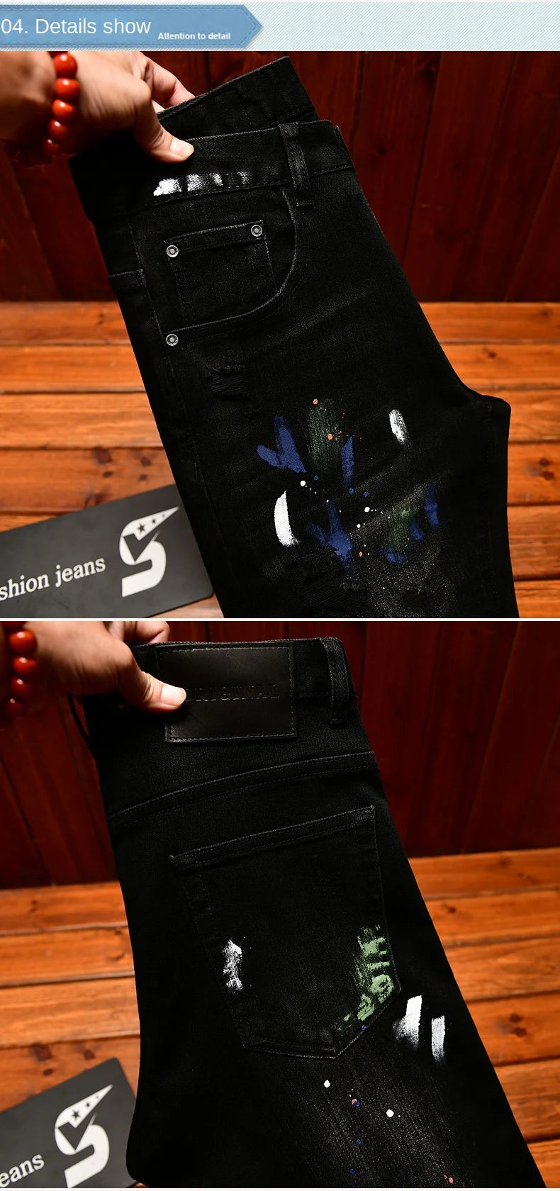 2025 Autumn American Fashion Black Jeans Men's Slim Fit Version with Piercing Patch Paint Printed Street Trendy Pants