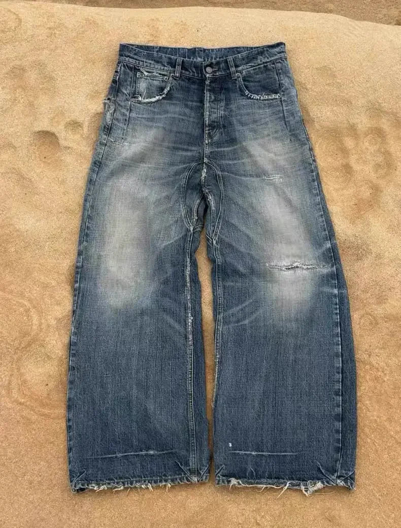 No faith studios washed pussy whiskers made old handmade ripped loose wide legs light blue jeans