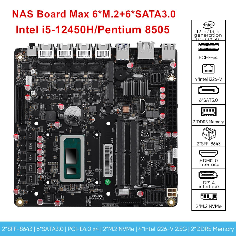 NAS Motherboard i5-12450H Pentium 8505 4*i226 Lan 6*SATA3.0 DDR5 Mini ITX Soft Router VPN Openwrt Micro Appliance DIY SFF-8643