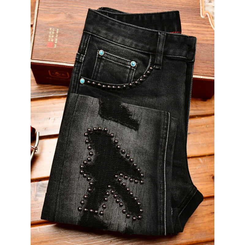 Metal Decor Design Black Jeans Men Trendy Ripped Fashion Retro Nostalgic Street Slim Fit Skinny Pants