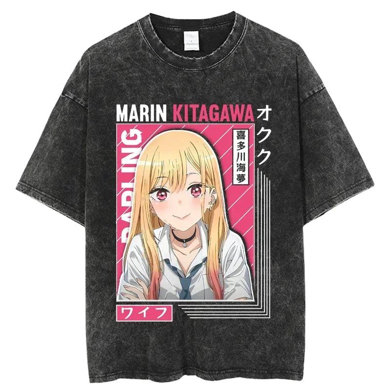 2025 My Dress Up Darling Harajuku T Shirt Men Hip Hop Vintage Washed Anime Oversized Streetwear 100% Cotton