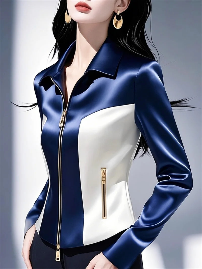 Contrast Satin Jacket Women's 2025 Early Spring Summer New Shirt Female High Quality Western-Style Waist Coat Zipper Tops Ladies