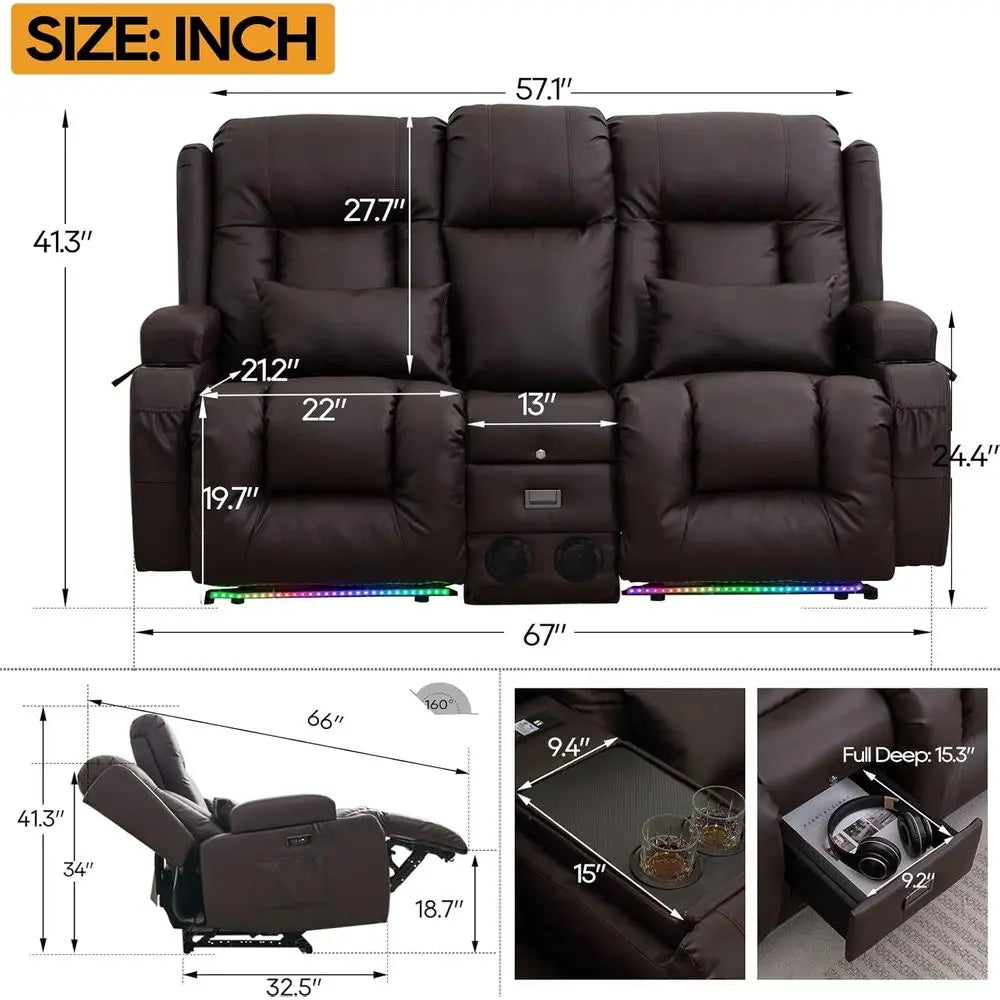 2-Seater Brown Home Theater Recliner Sofa with LED Lights, AC/USB Ports, Cup Holders, Electric Controls, Bluetooth Speaker, Mass
