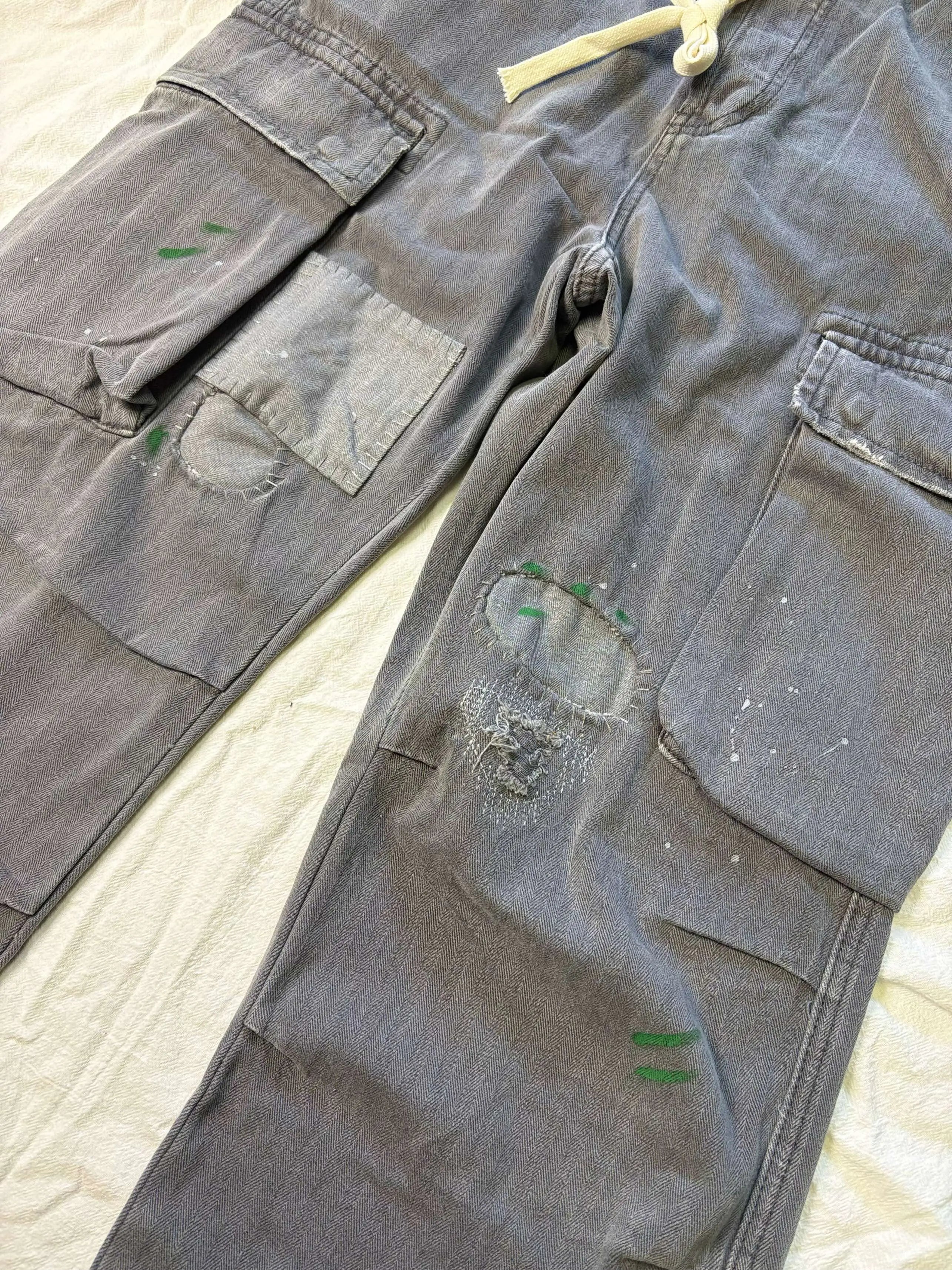 No faith studios herringbone twill grey ripped patch paint multi-pocket overalls