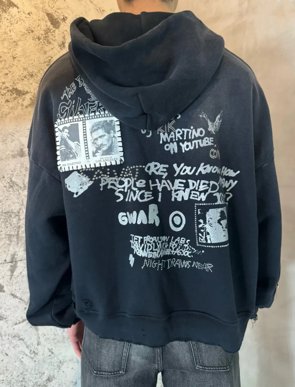 Paly Hollywood 25ss Birdman Medal Rhinestone Zipper Old Damaged Hoodie Jacket