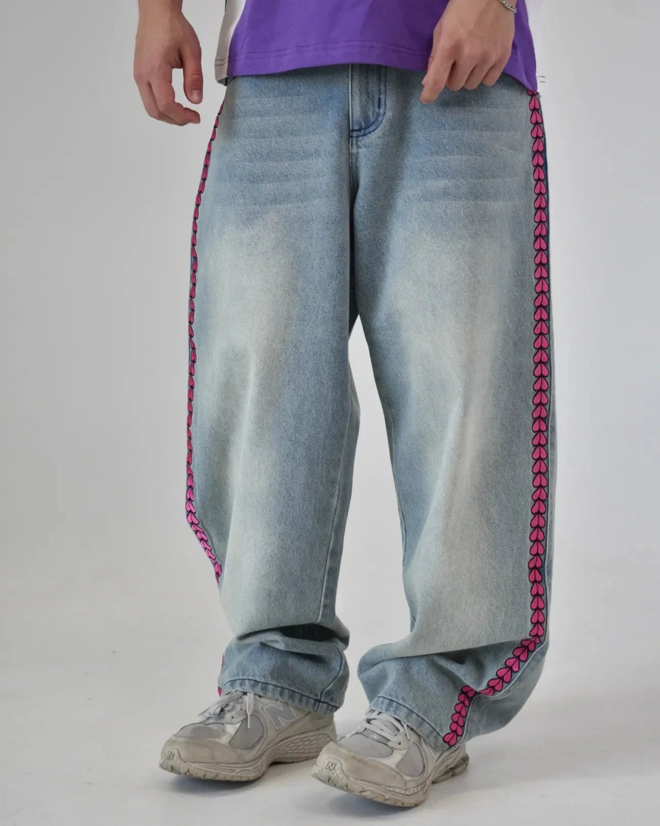 Y2K Anime High Waist Baggy Jeans Men Women JoJo Pink Heart Side Embroidery Fit Washed Denim Pants Streetwear Wide Leg Pants