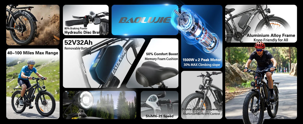 BAOLUJIE 2602 E-bike 3000W Motor 52V32AH Removable Lithium Battery Electric Bike Adult 7 Speed Electric Bicycle【1 Year Warranty】