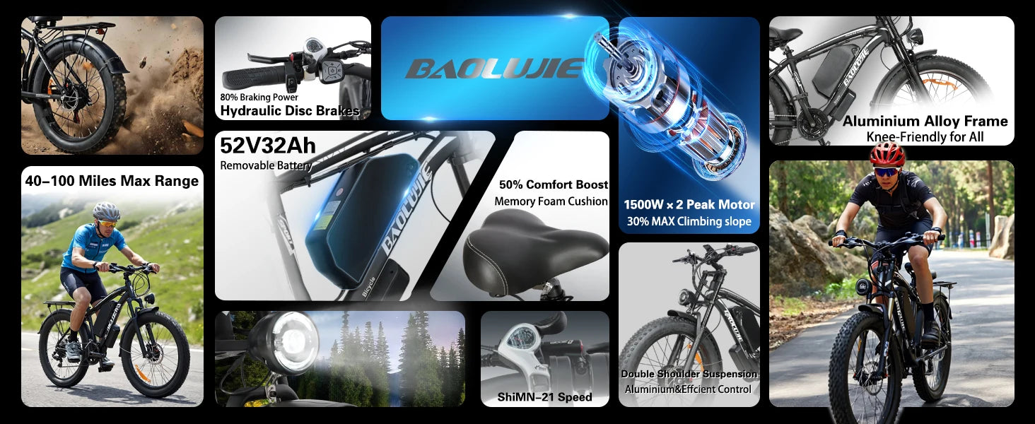 BAOLUJIE 2602 E-bike 3000W Motor 52V32AH Removable Lithium Battery Electric Bike Adult 7 Speed Electric Bicycle【1 Year Warranty】