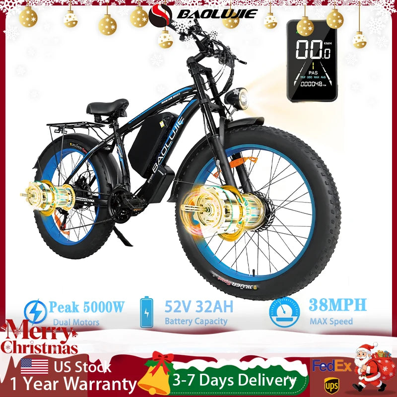 BAOLUJIE 2602 Electric Bicycle for Adults Peak 5000W Dual-Motor E-bike 26*4 Inch Fat Tire 38MPH Electric Bike【1 Year Warranty】