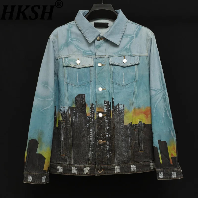 HKSH Spring Autumn New Men Tide Punk Vintage Three-Headed Dragon Denim Jacket High Street Luxury Fashion Versatile Coats HK17707