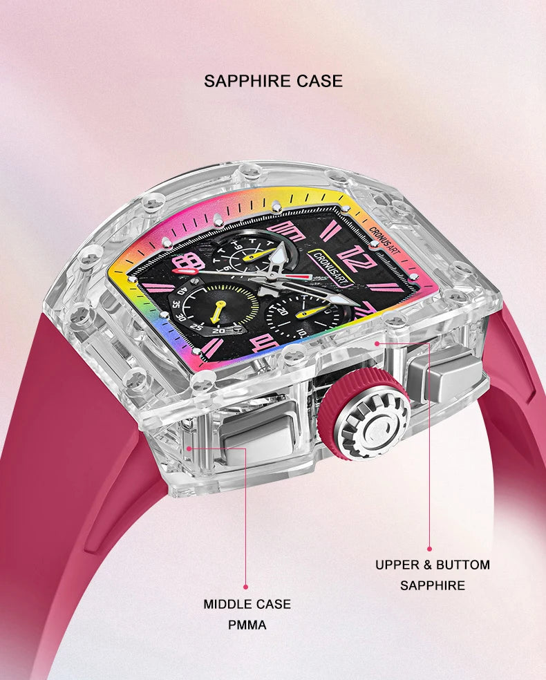 CRONUSART Men Automatic Watch 50mm Tonneau Chronograph Mechanical Wristwatch 5ATM Luminous Sapphire Case & Mirror Meteorite Dial
