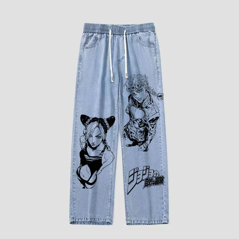 Jojo's Adventure Loose Fit Cowboy Style Jeans Cartoon Anime Trousers for Teens And Young Adults mid Waist Denim Pants