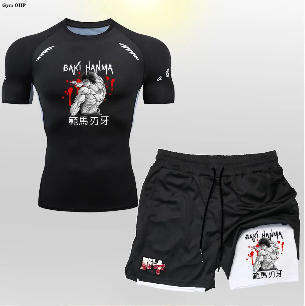 Anime Baki Sport Suits Runing Compression Shirt Shorts Sets Gym Fitness Jogging Training Rashguard Sportwear 2 in 1 Mens