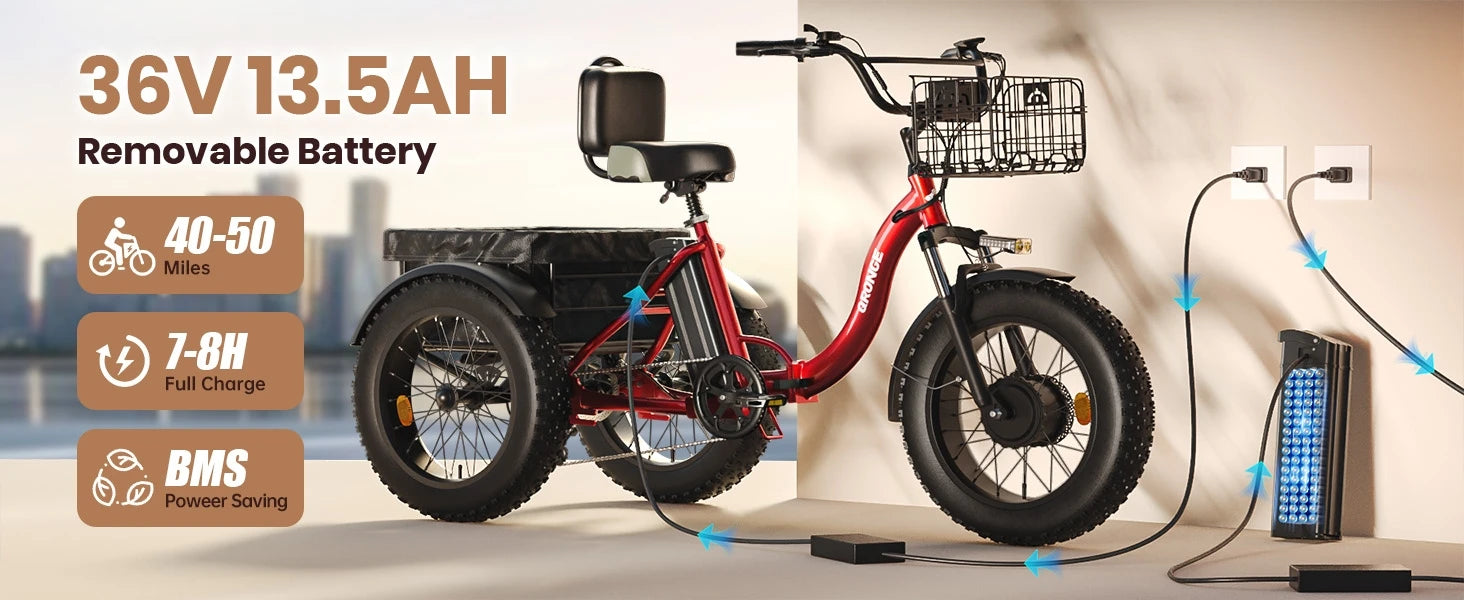 QRONGE Lava Electric Tricycle For Adults 960W Peak 36V 15AH Battery E-bike 50 Miles Range With Large Rear Basket Electric Trike