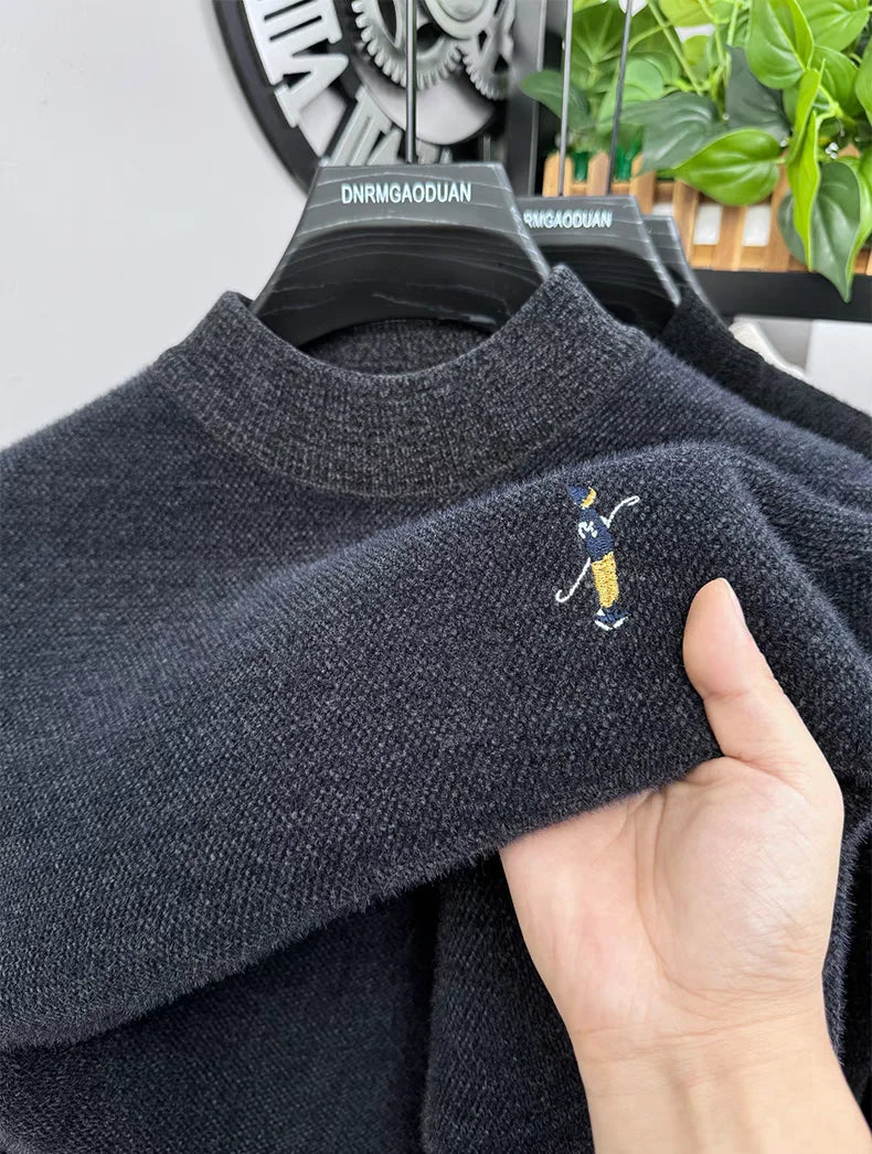 High quality men's round neck knitted sweater autumn winter new Korean style fashion cartoon embroidery thick casual pullover