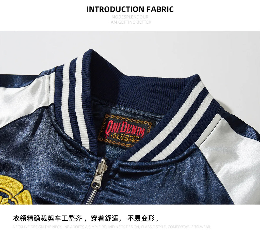 Japanese Sukajan Koi Fish Embroidered Satin Bomber Jacket Wave Print Varsity Jacket Men's and Women's Baseball Jackets