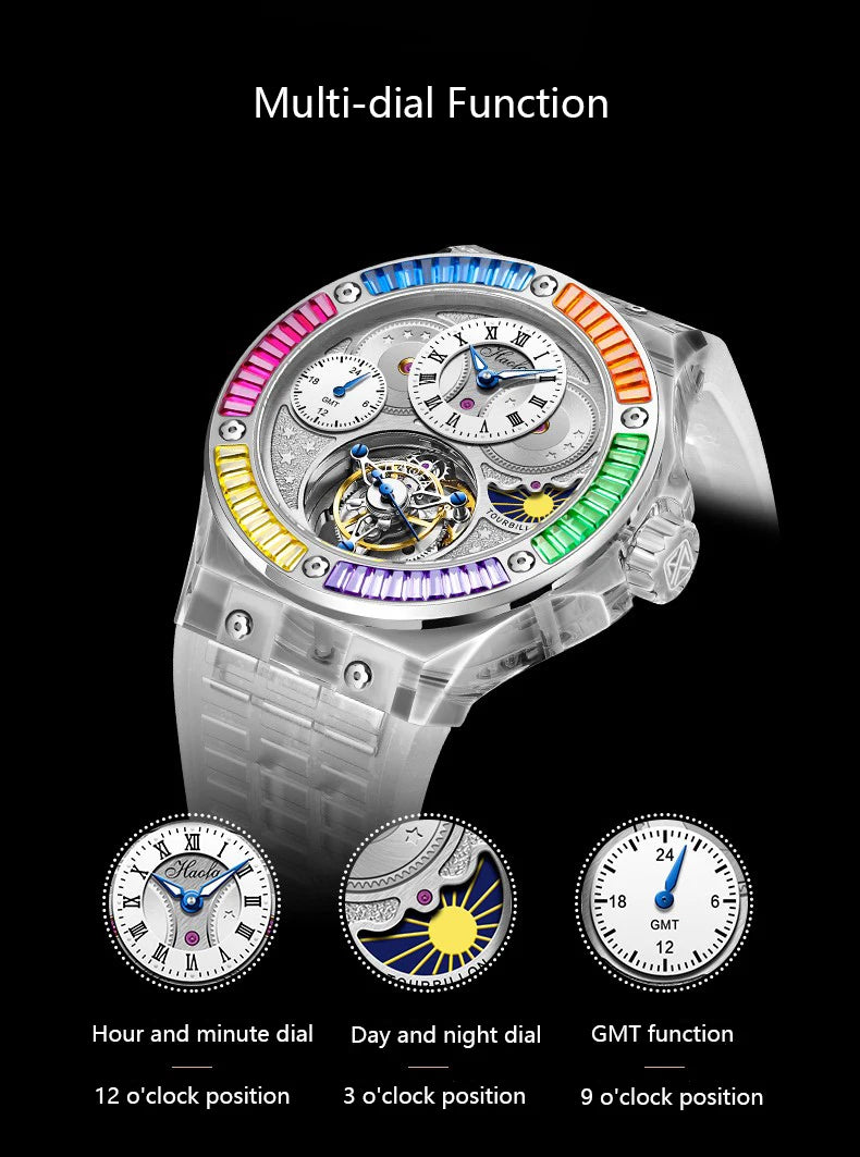Haofa GMT Tourbillon Man Watch 2101 Luxury Rainbow Crystal Day And Night Manual Tourbillon Mechanical Men Watches Sapphire