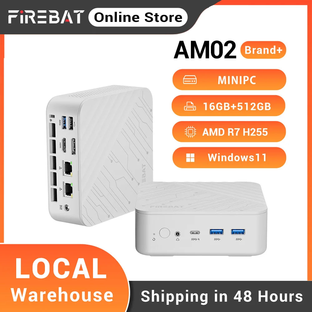 FIREBAT AM02 Mini PC AMD Ryzen 7 H255 DDR5 16GB RAM M.2 PCIe 512GB SSD WiFi6 BT5.2 1000M LAN Windows11 Desktop Computer