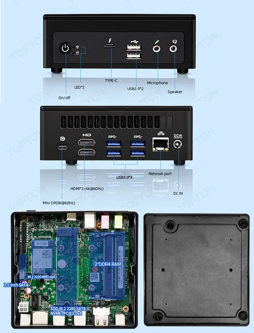 Topton Cheap Mini PC I7 1260P 1165G7 I5 1240P 1135G7 Mini Gaming Desktop 2*DDR4 NVMe SSD 2*HD-MI2.0 DP 8K NUC Computer HD HTPC