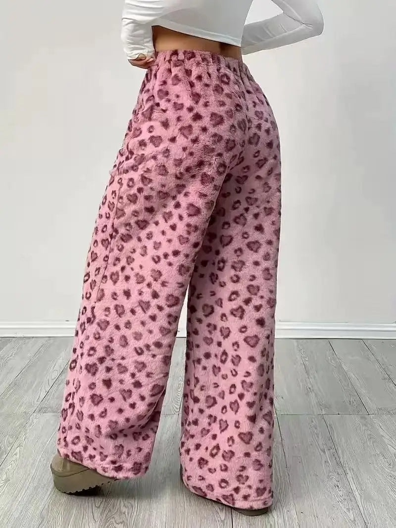 Women Casual Trousers Elastic Waistband Drawstring Tie Pajama Bottoms Leopard Print Wide Leg Lounge Pants
