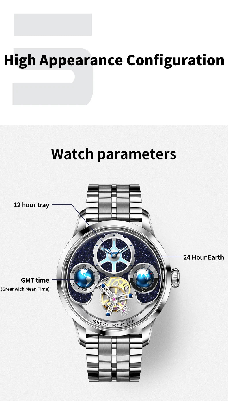 IDEAL KNIGHT Tourbillon Watch 6805 Men Automatic Mechanical Watch 100% Official Original Blue Earth Series Men Watch High Gift