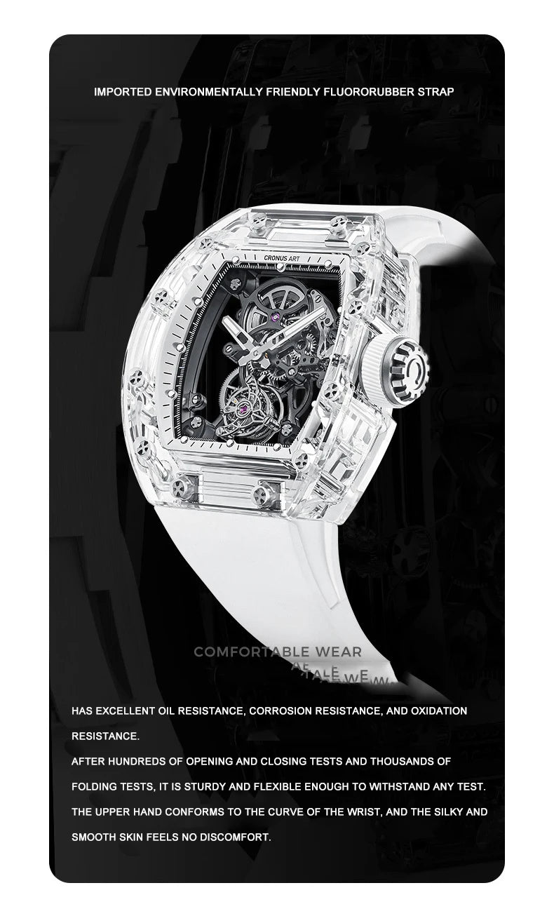 CRONUSART Men Tourbillon Watch Luxury Tonneau Automatic Mechanical Wristwatch Sapphire Case Luminous Fluororubber Strap Skeleton