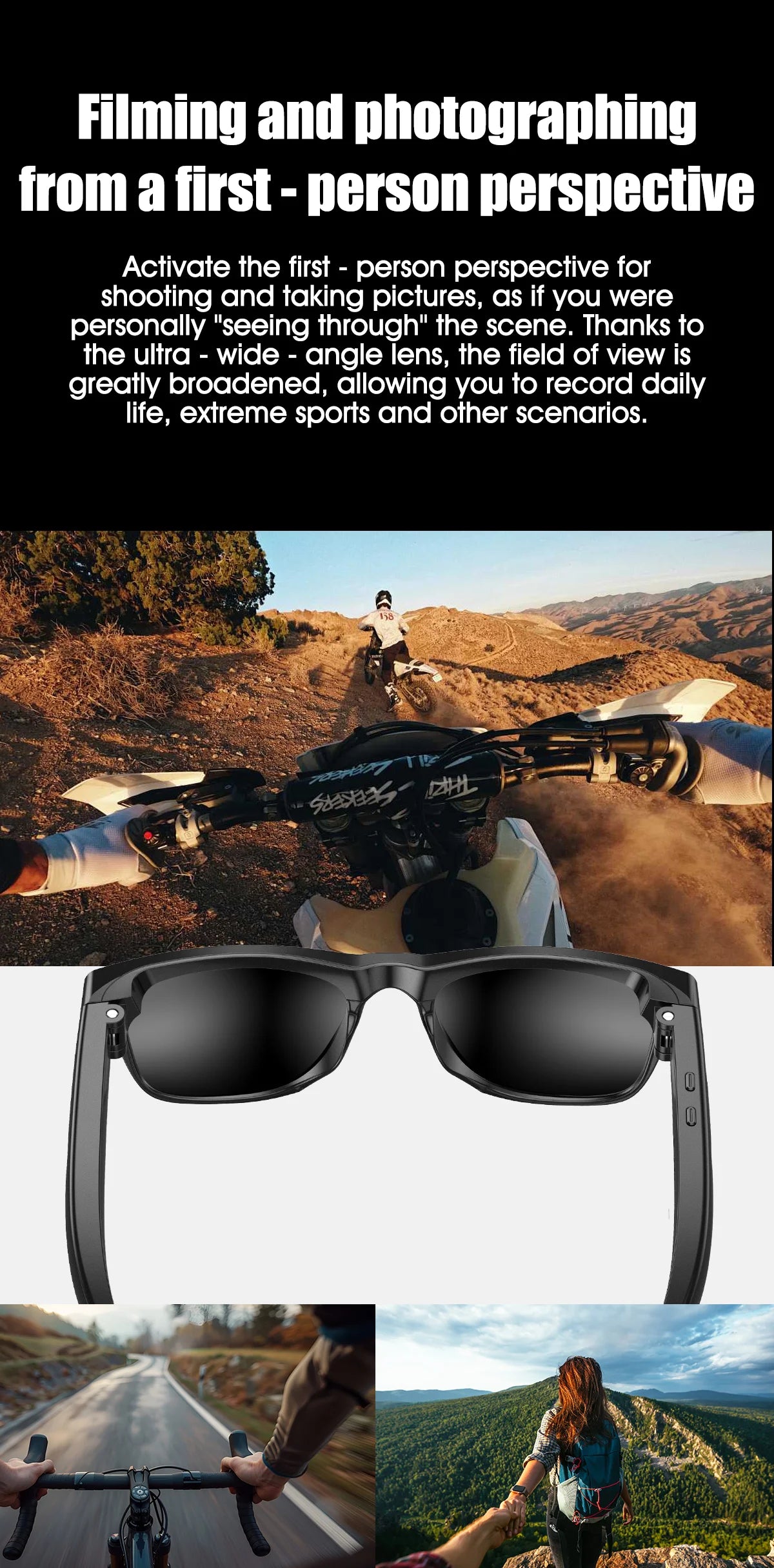Smart Glasses 100W Camera Anti-shake Video Recording Music Control Photo Recognition Bluetooth Call Sports Sunglasses Waterproof