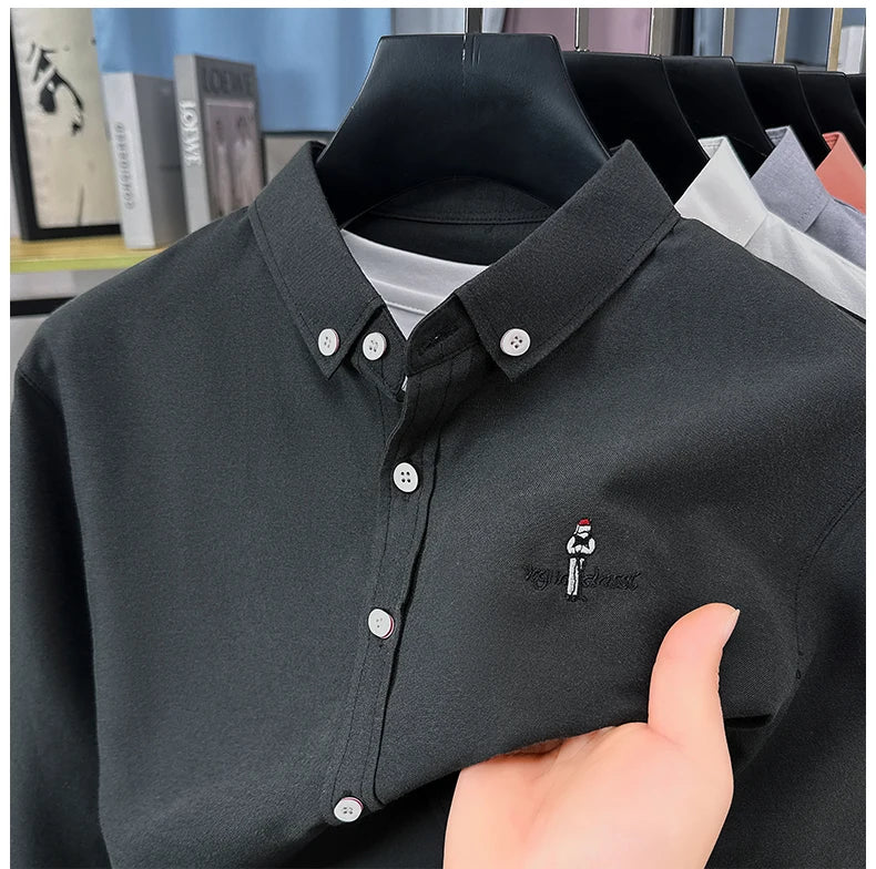 High end brand men's long sleeve shirt fashion cartoon embroidery comfort silk cotton solid color luxury golf casual lapel top