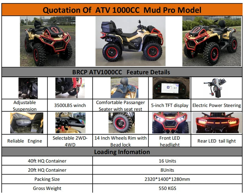 4 Wheeler Quad Bikes 1000cc Quad ATV All Terrain Vehicle Quad Bike New Automatic Design 4x4 Drive Off-road Motorcycle For Adult