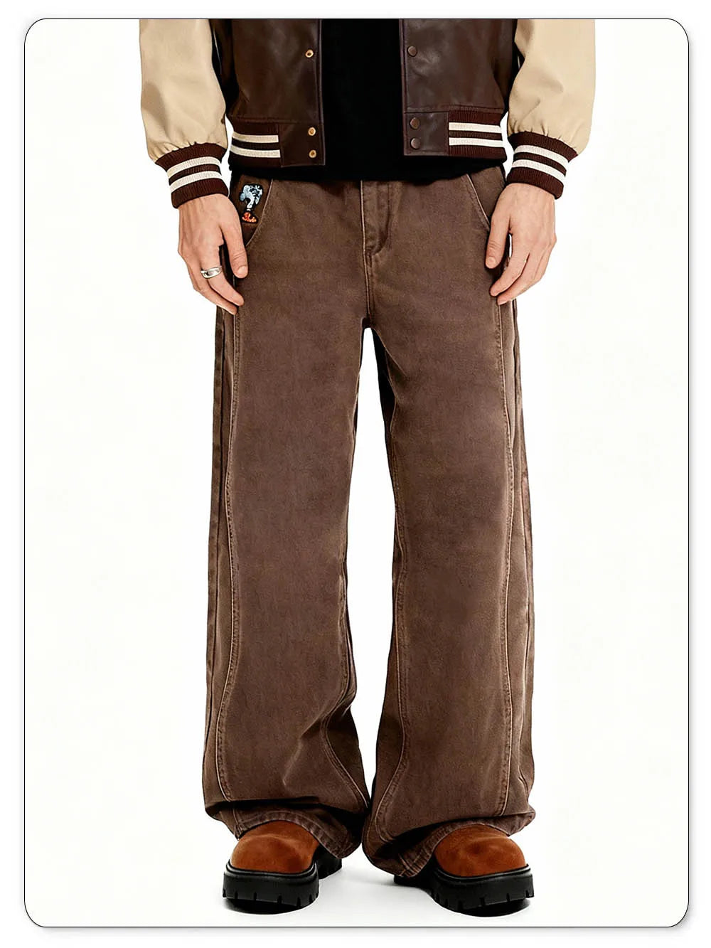 American Retro Men's Brown Casual Baggy Wide Leg Jeans Korean Cartoon Elephant Embroidery Loose Wide Leg Denim Pants Unisex