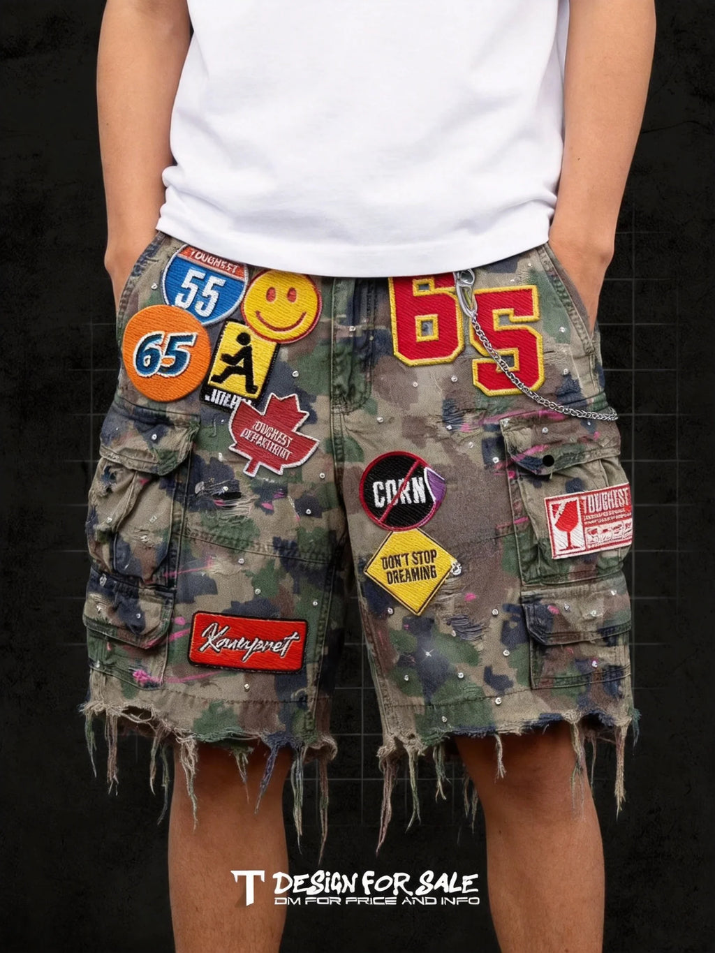 Hip Hop Retro Camo Patchwork Denim Shorts Streetwear Y2K Jeans Men Women Cartoon Graphics Loose Denim Fitness Casual Shorts
