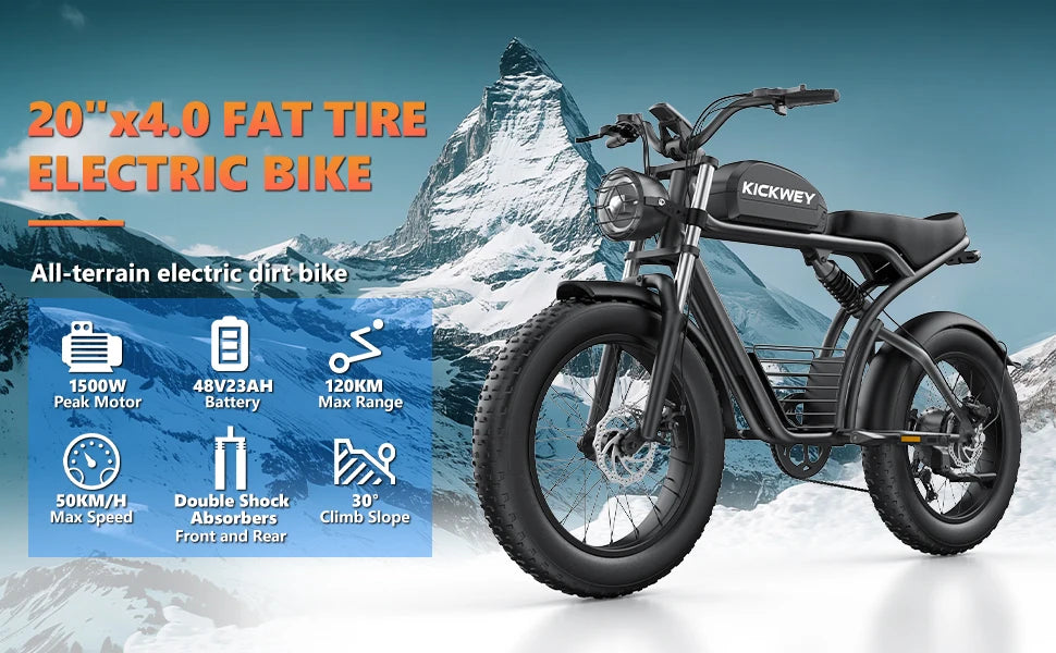 Kickwey K7 Adult Electric Bicycle 1500w 48V23ah Ebike 46km/h Mountain Electric Bike 20" Fat Tire Dirtbike Motorcycle E Bike