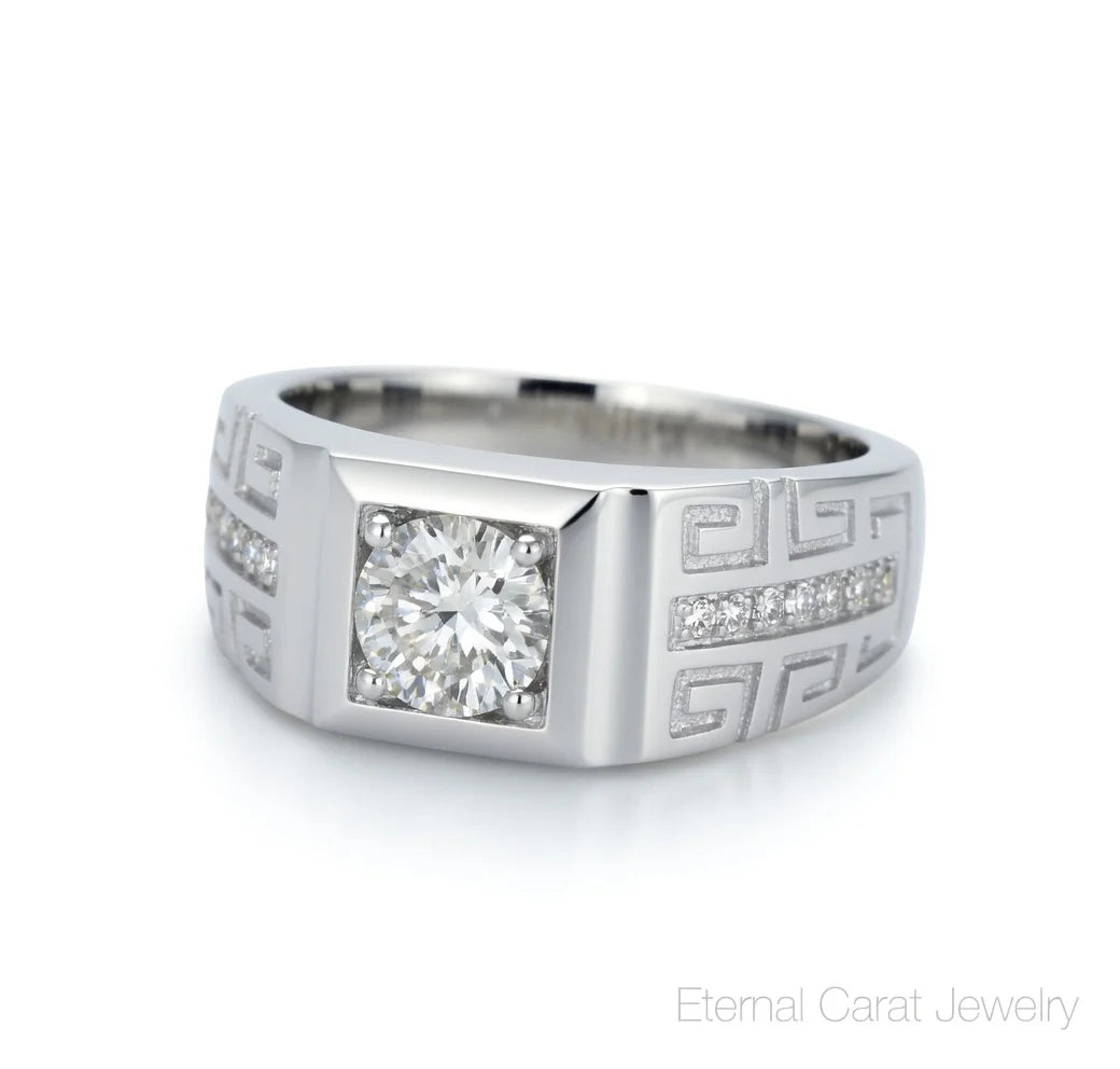 Luxury PT950 Platinum Men's Greek Key Square Moissanite Pave Engagement Wedding Ring Adjustable Band Anniversary Gift Jewelry Sp