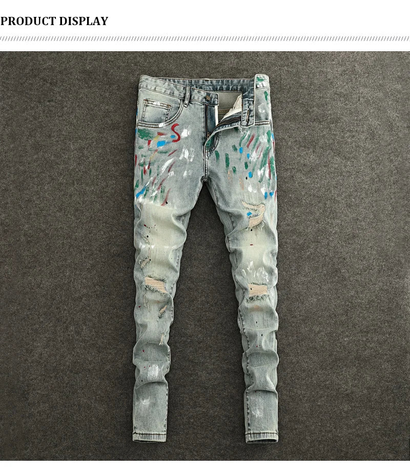 High Street Fashion Men Jeans Retro Washed Blue Stretch Slim Fit Ripped Jeans Men Painted Designer Vintage Denim Pencil Pants