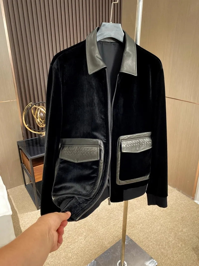 Design Business Mens Velvet Jacket Zipper Spliced Genuine Leather Casual Outerwear Loose Fit Long Sleeve Spring Autumn Men Coats