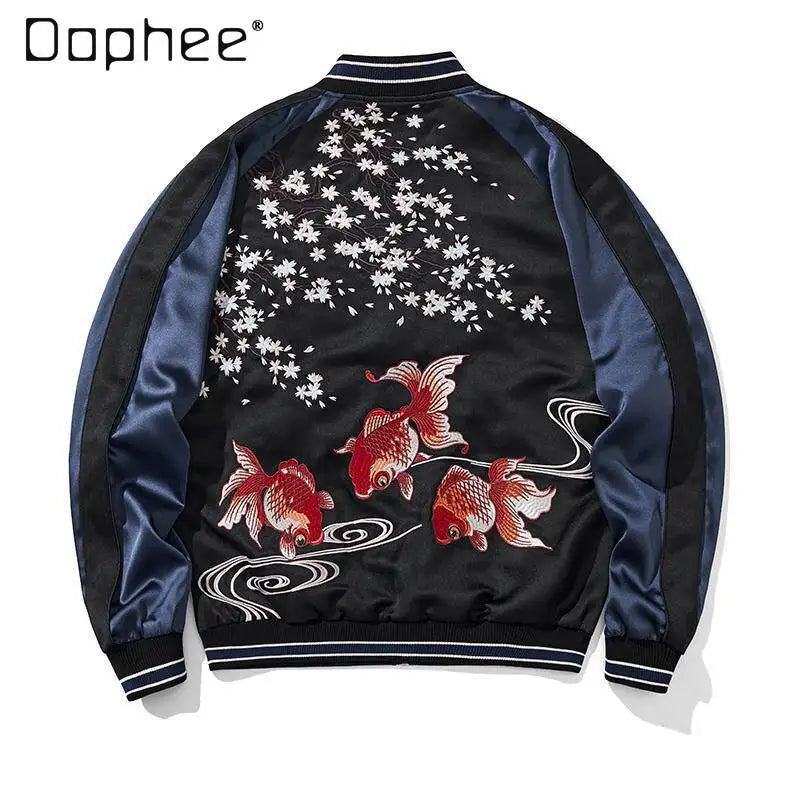 Cherry Blossom Embroidered Jacket Boys Top Spring and Autumn Japanese Sukajan Koi Fish Sakura Embroidered Satin Bomber Jacket