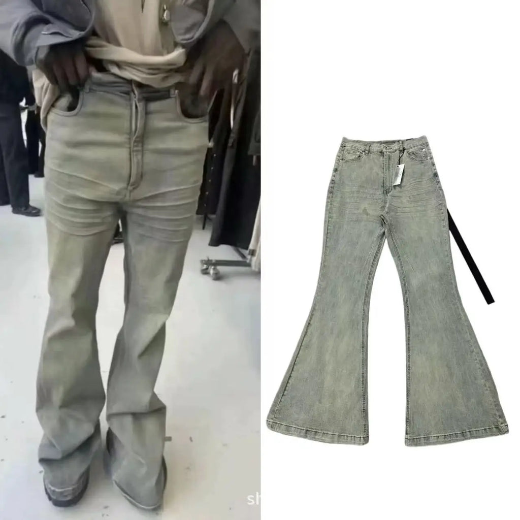 Rick RO Vintage Washed Wide Leg Skinny Jeans with Built-Up Floor-Length and Distressed Details and Cat-Fur Style Denim Pants