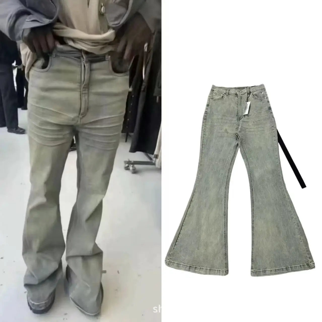 Rick RO Vintage Washed Wide Leg Skinny Jeans with Built-Up Floor-Length and Distressed Details and Cat-Fur Style Denim Pants