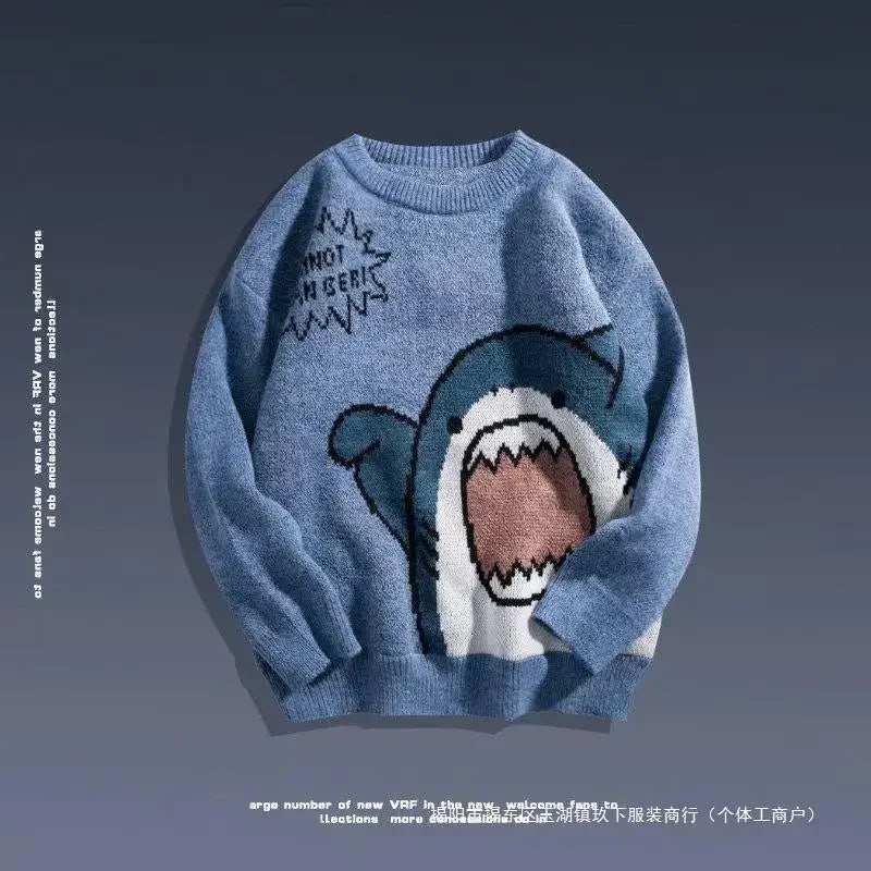 Autumn/Winter Japanese Cartoon Shark Round Neck Couple Sweater Men's Trendy Brand Loose-Fit Korean Knitted Top Hong Kong Style