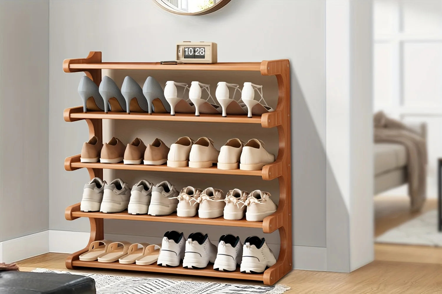 Multi-Tier Shoe Storage Rack, Compact Space-Saving Easy Assembly, Square Shelves for Entryway Dorms Apartments Home Desk Drawer