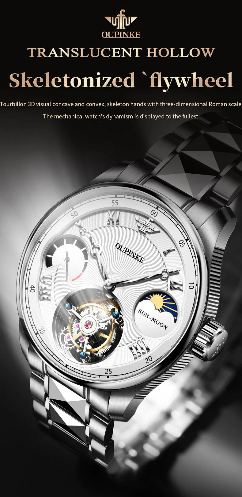 OUPINKE Men's Watch Top Luxury Fashion Original Tourbillon Mechanical Watch for Man Leather Strap Sapphire Mirror Moon Phase