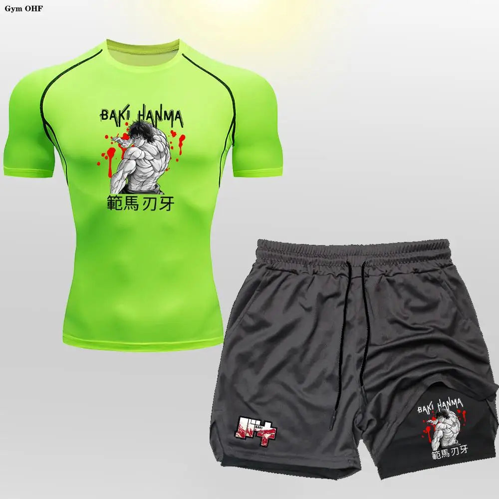 Anime Baki Sport Suits Runing Compression Shirt Shorts Sets Gym Fitness Jogging Training Rashguard Sportwear 2 in 1 Mens