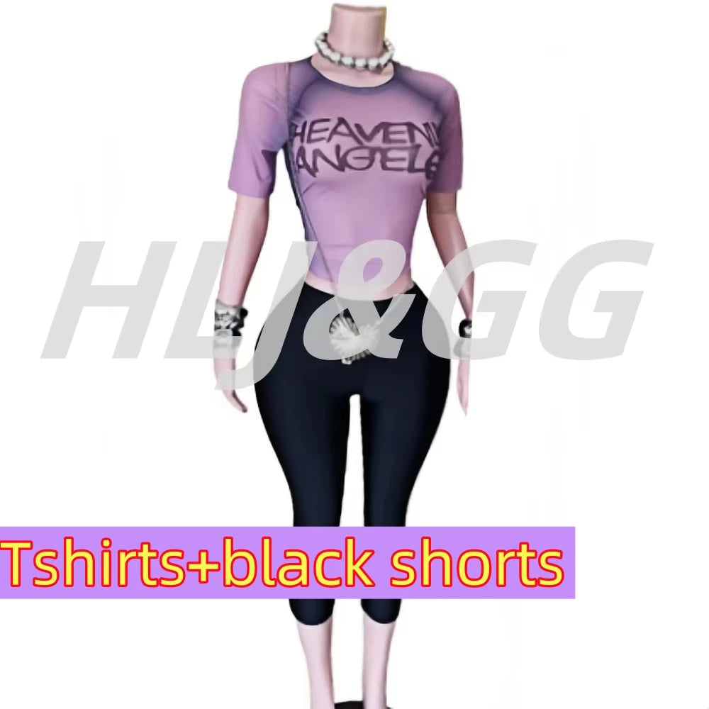 HLJ&GG American Vintage Fashion Letter Mesh See Though Two Piece Sets Women O Neck Short Sleeve Slim Crop Top And Pants Outfits