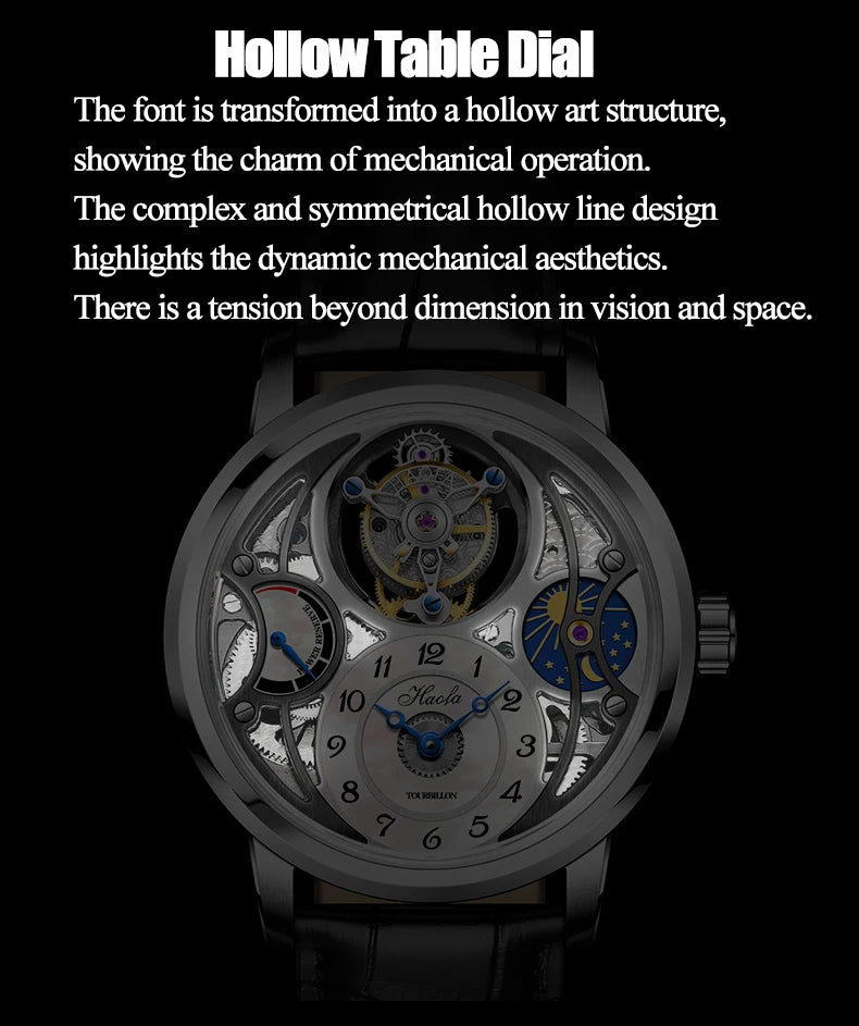 Haofa Manual Tourbillon Watch for Men Moonphase Energy Display Dial Skeleton Movement Sapphire Mechanical Wristwatches 1939