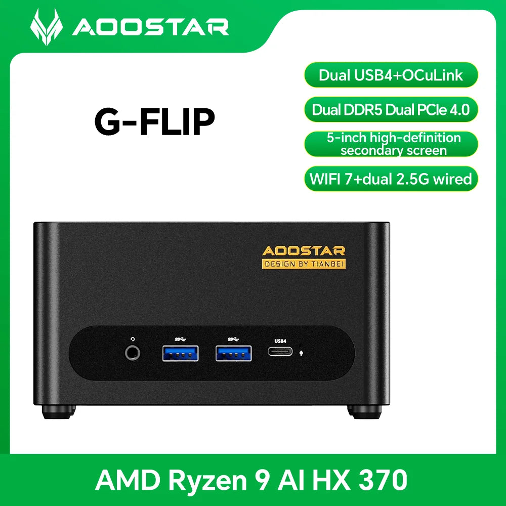 Aoos Mini Pc  G-FLIP AMD Ryzen AI9-HX370 Desktop 5 inch"  Screen USB4 OCuLink Wi-Fi7 Desktop Computer Mini Pc for Mac