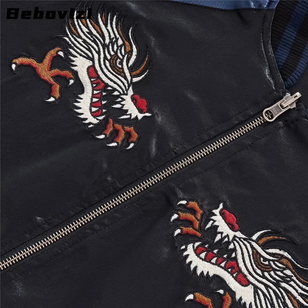 Tokyo Dragon Embroidered Zipper Blue Jacket Streetwear Hip Hop Men's Harajuku Japanese Baseball Coat Clothing
