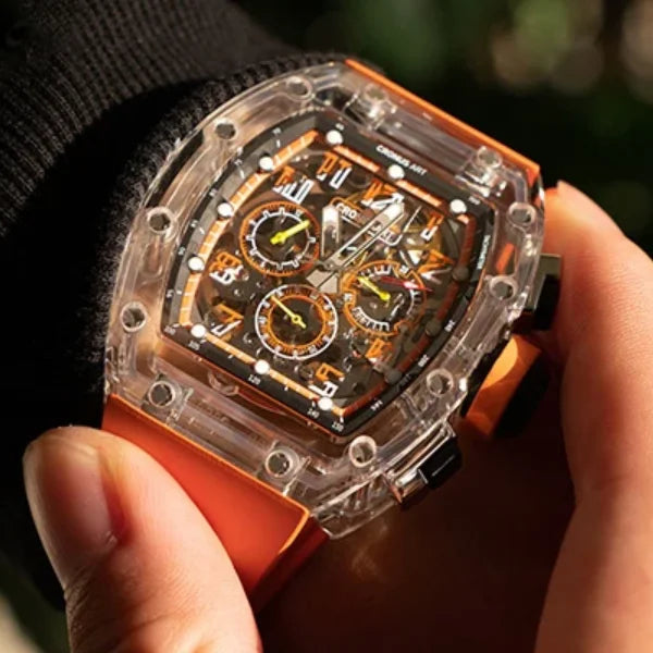 CRONUSART Men Chronograph Watch Tonneau Mechanical Wristwatch Sapphire Case & Mirror Luminous FKM Strap Skeleton Dial