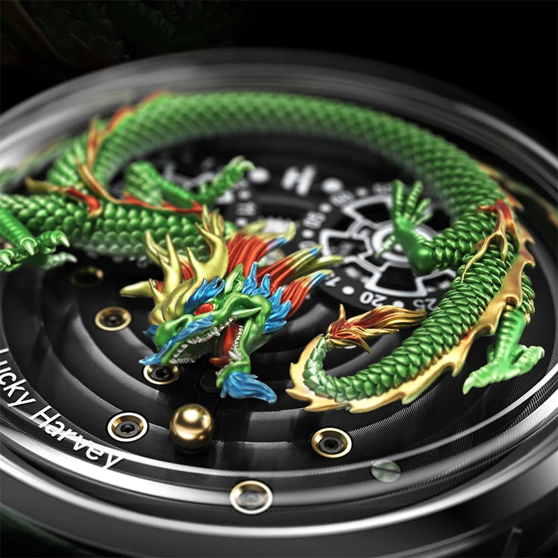 Lucky Harvey Automatic mechanical movement watches for men Synthetic sapphire 3D  Engraving Chinese dragon dial waterproof watch