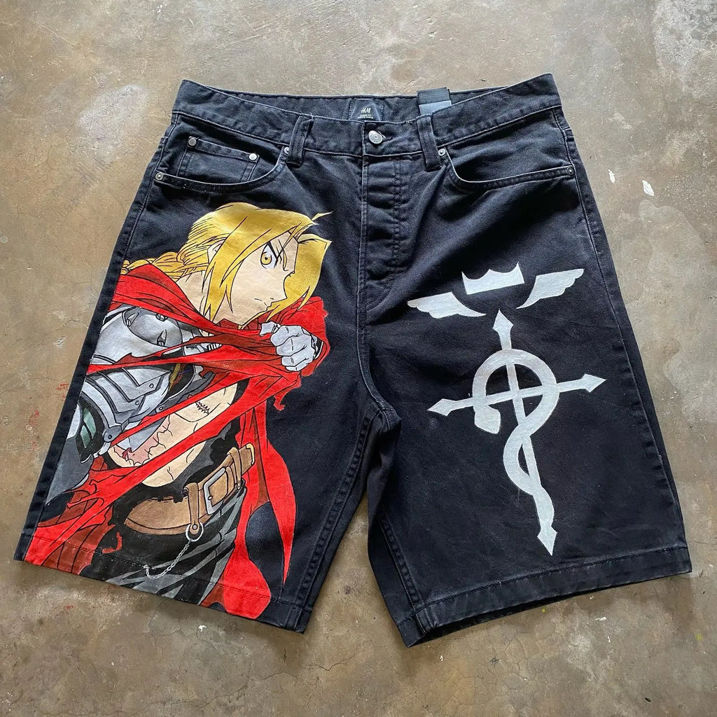 Japan Cartoon Anime Characters Graphic Print Hip Hop Denim Shorts Y2k Harajuku Retro Straight Jorts Streetwear Men Women Shorts